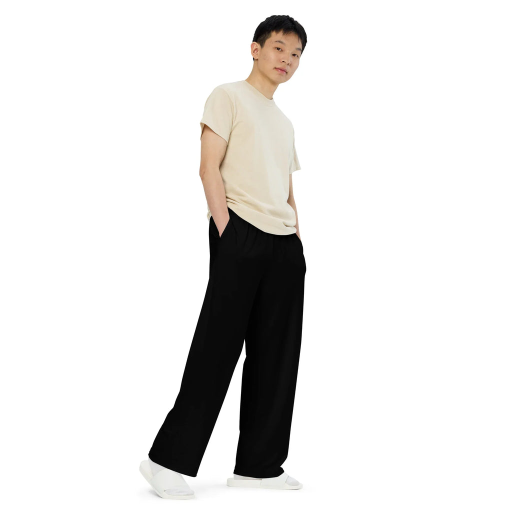 All-over Print Unisex Wide-Leg Pants BLACK Pants AwRans Clothing all-over-print-unisex-wide-leg-pants-white-right-front-67921b7033d14