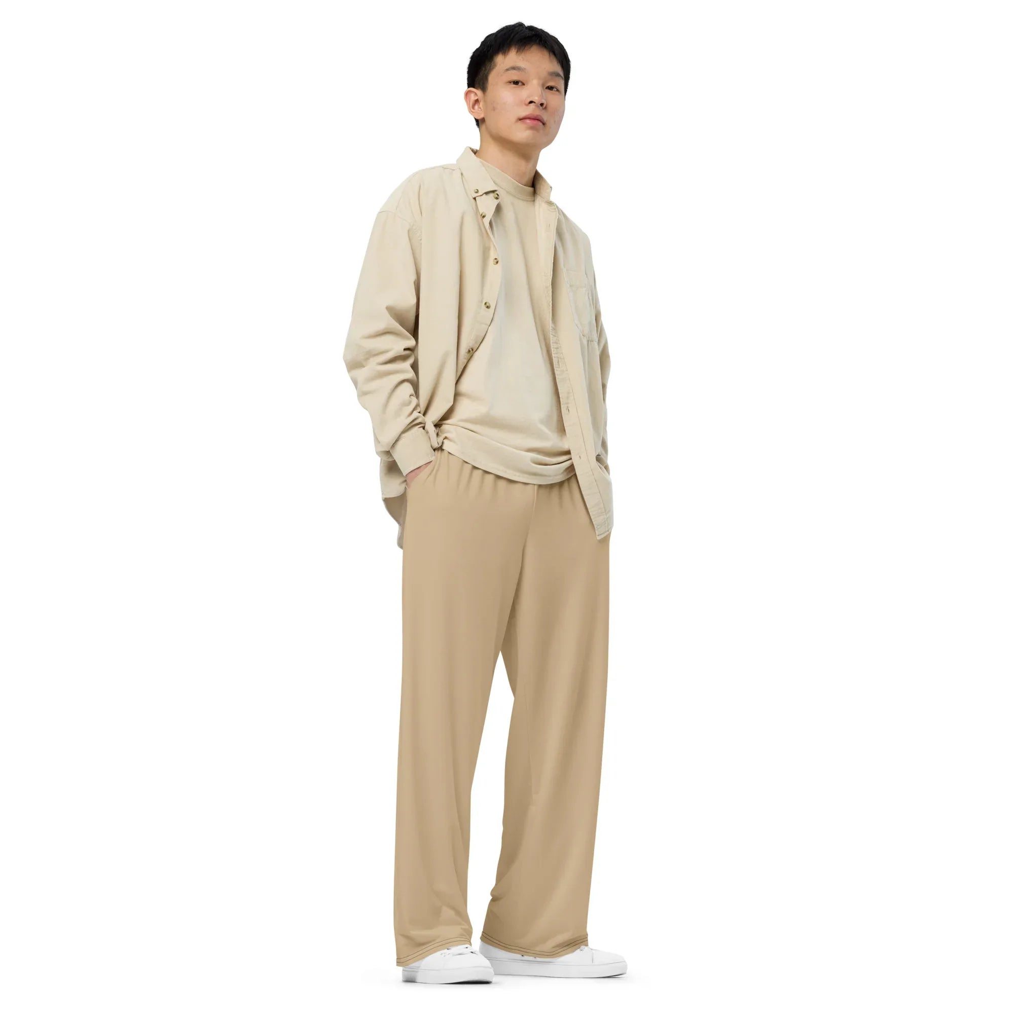 All-over Print Unisex Wide-Leg Pants Tan Pants AwRans Clothing all-over-print-unisex-wide-leg-pants-white-right-front-67921c42c4bac
