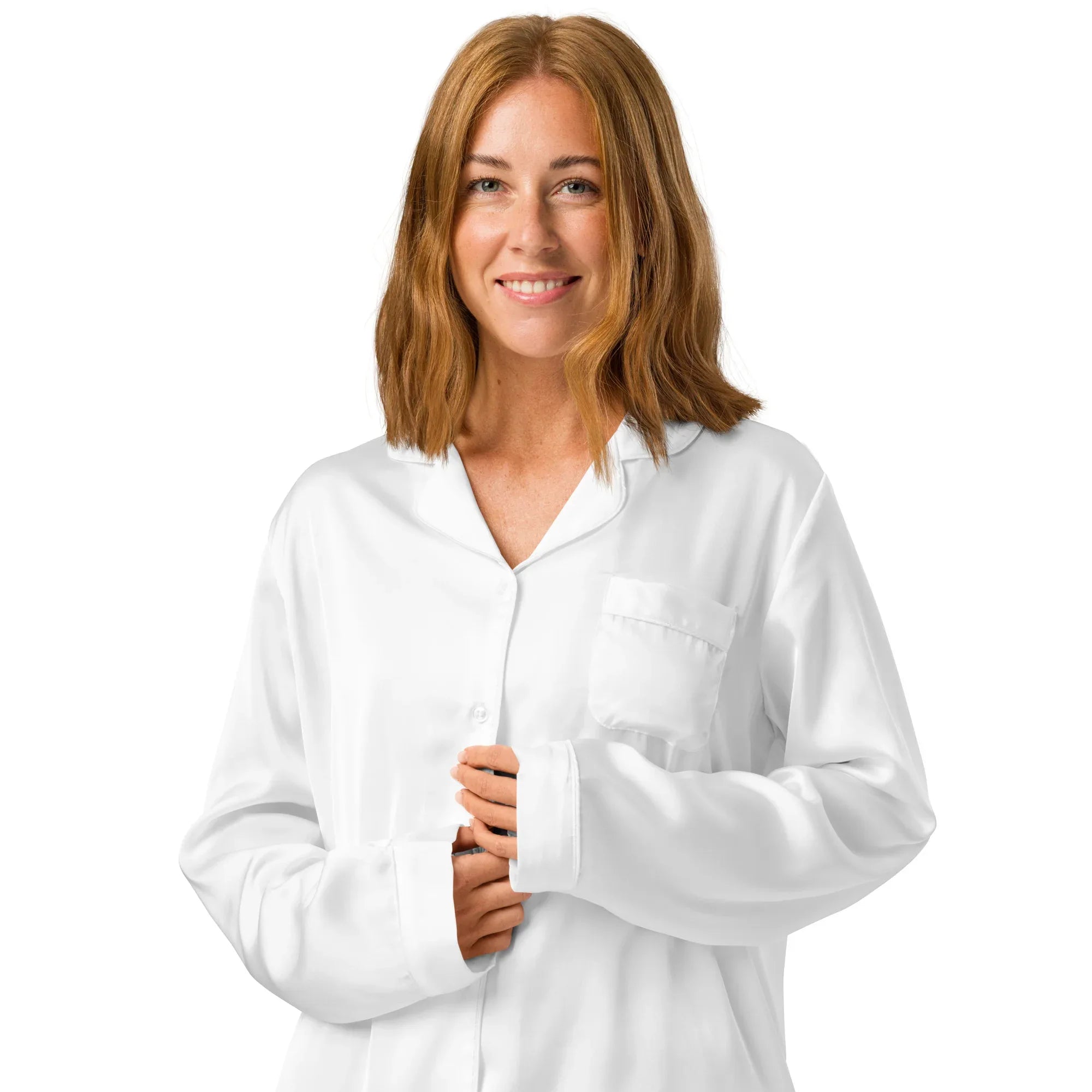 Women’s long sleeve pajama top WHITE Women’s long sleeve pajama top AwRans Clothing all-over-print-womens-long-sleeve-pajama-top-white-front-2-67c3a58eb48de