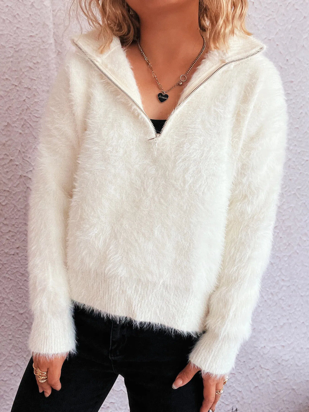 Women's Fuzzy Gray Quarter-Zip Pullover Sweater Sweaters AwRans Premium b0123f2e282c4f30ace587d3bd45ff4e-Max-Origin