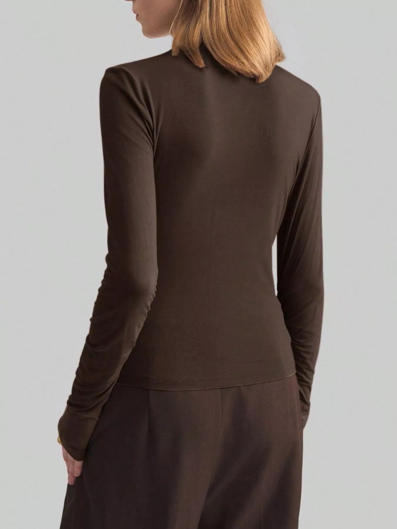 Women's Draped Mock Neck Long Sleeve Top - Chocolate Brown Blouses AwRans Premium b67dd312-17b9-4070-a956-5ee8a4b86fa4-Max-Origin