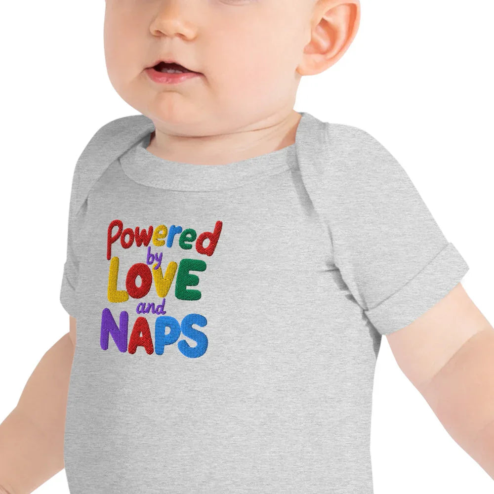 Powered By Love And Naps | Embroidered Baby Short Sleeve One Piece - AwRans Clothing