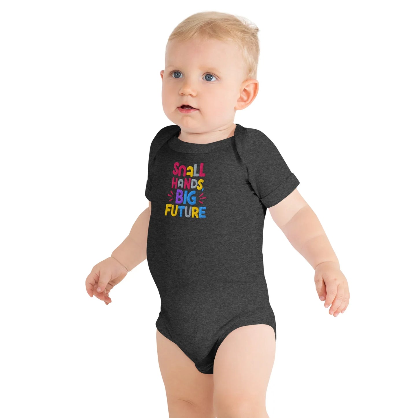 Small Hands Big Future | Embroidered Baby Short Sleeve One Piece - AwRans Clothing