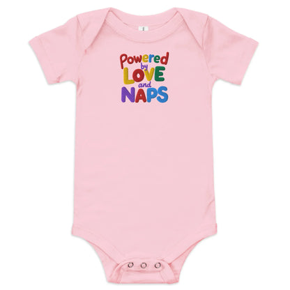 Powered By Love And Naps | Embroidered Baby Short Sleeve One Piece - AwRans Clothing