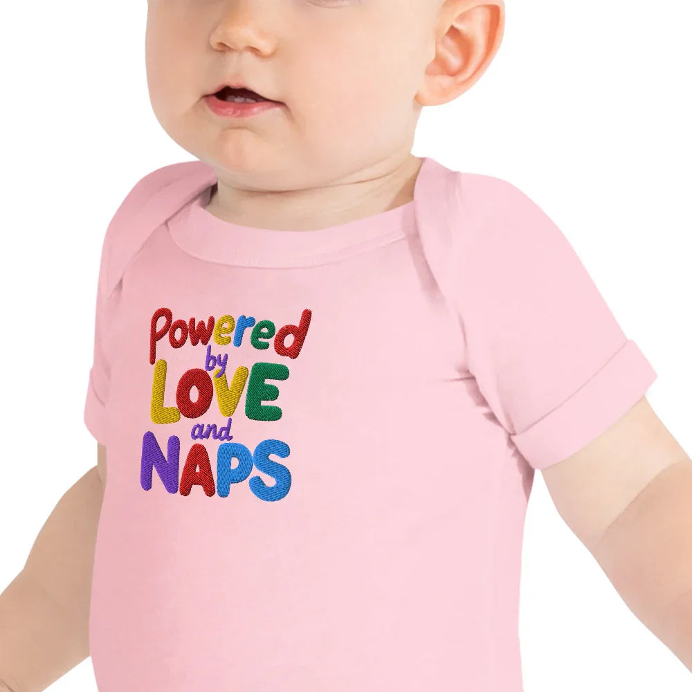 Powered By Love And Naps | Embroidered Baby Short Sleeve One Piece - AwRans Clothing
