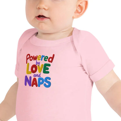 Powered By Love And Naps | Embroidered Baby Short Sleeve One Piece - AwRans Clothing