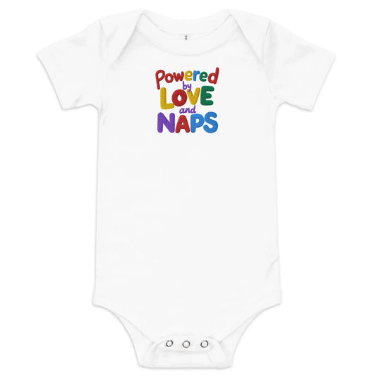 Powered By Love And Naps | Embroidered Baby Short Sleeve One Piece - AwRans Clothing