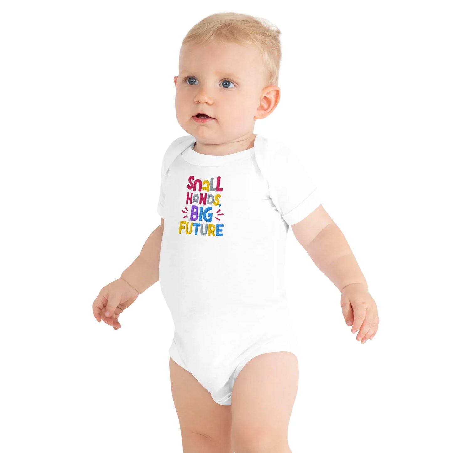 Small Hands Big Future | Embroidered Baby Short Sleeve One Piece - AwRans Clothing