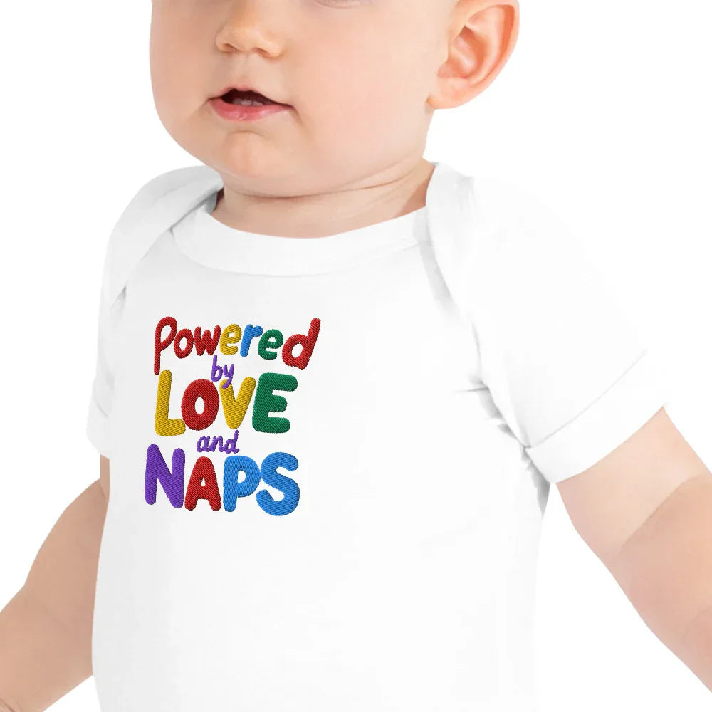 Powered By Love And Naps | Embroidered Baby Short Sleeve One Piece - AwRans Clothing