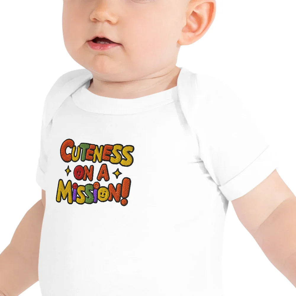 Cuteness On A Mission | Embroidered Baby Short Sleeve One Piece - AwRans Clothing
