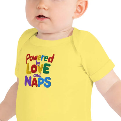 Powered By Love And Naps | Embroidered Baby Short Sleeve One Piece - AwRans Clothing