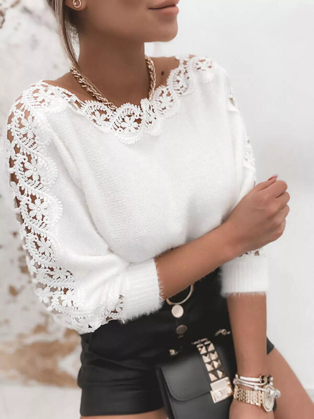 Elegant White Lace Detail Knit Sweater - Long Sleeve Top White Sweaters AwRans Premium bc41c2e59bb2422bac4a16968f0ba772-Max-Origin