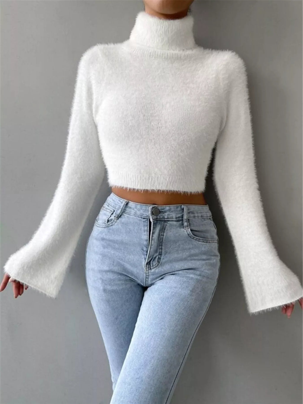 White Fuzzy Cropped Turtleneck Sweater with Flare Sleeves White Sweaters AwRans Premium bd1aab16838c46fe81785539da6531ca-Max-Origin