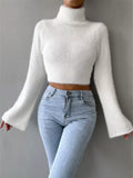 White Fuzzy Cropped Turtleneck Sweater with Flare Sleeves White Sweaters AwRans Premium bd1aab16838c46fe81785539da6531ca-Max-Origin