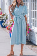 AwRans Premium | Belted Puff Sleeve Denim Midi Dress Light Blue Dress AwRans Premium be99dded-90ba-4bfc-adfe-c8fb78bfe401-Max-Origin