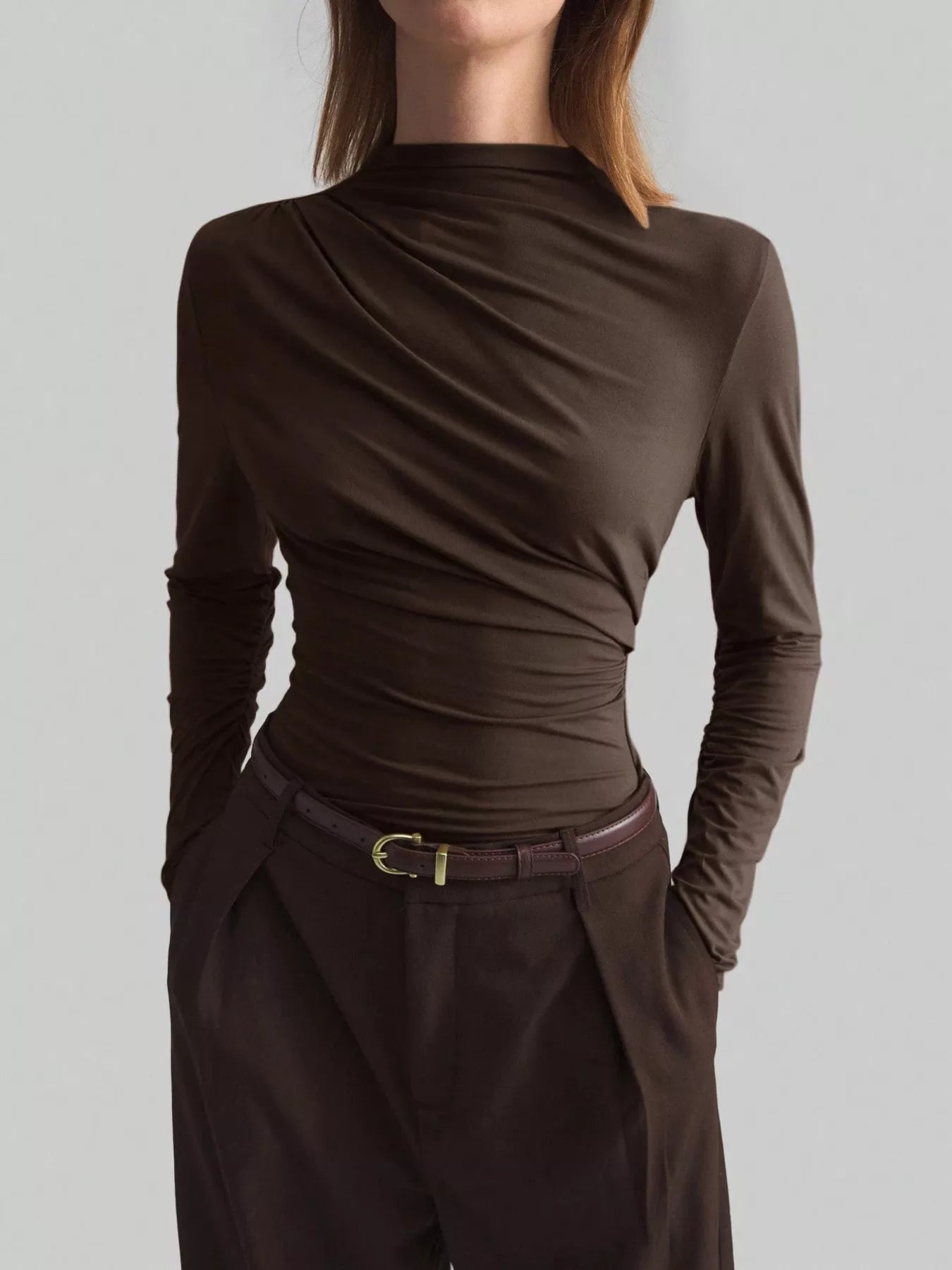 Women's Draped Mock Neck Long Sleeve Top - Chocolate Brown Blouses AwRans Premium ce0d83ab0a324c4b9c50a5b6021af979-Max-Origin