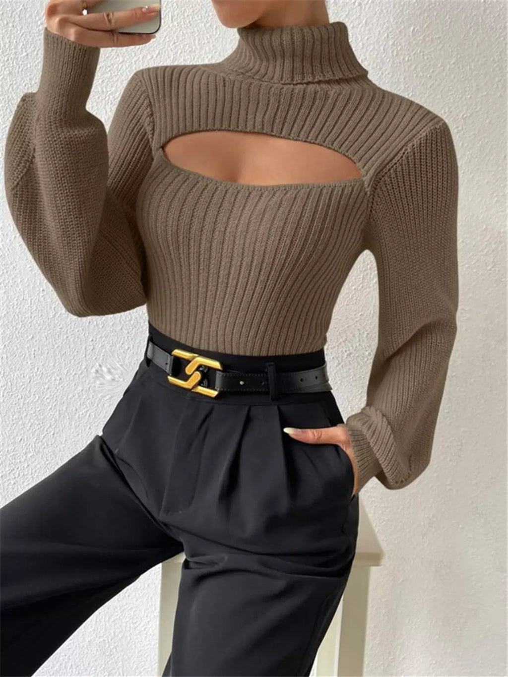 Cream Ribbed Cut-Out Turtleneck Knit Sweater Sweaters AwRans Premium ced8c3c901bd4e0c89feb507b0e1d6d8-Max-Origin