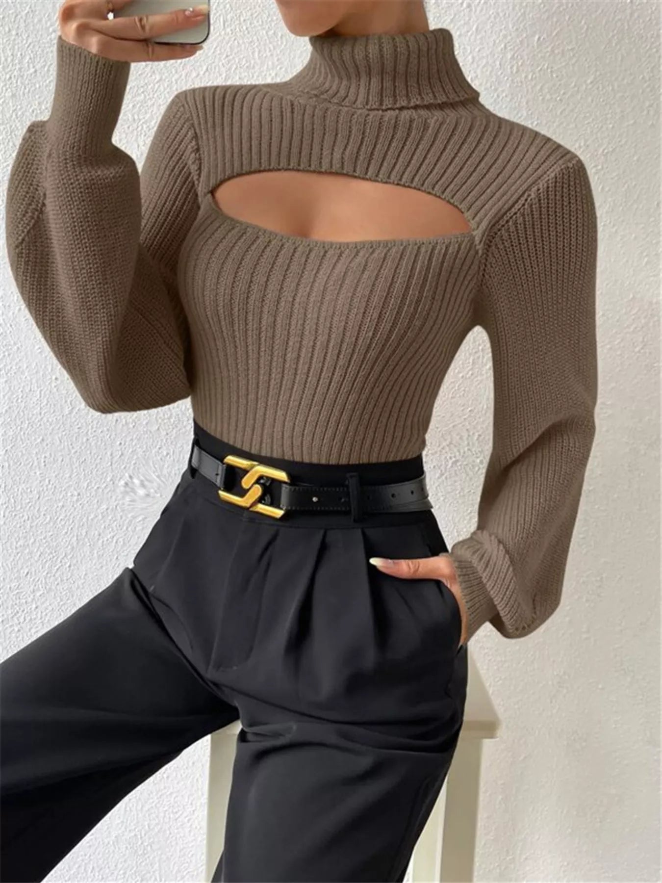 Cream Ribbed Cut-Out Turtleneck Knit Sweater Sweaters AwRans Premium ced8c3c901bd4e0c89feb507b0e1d6d8-Max-Origin
