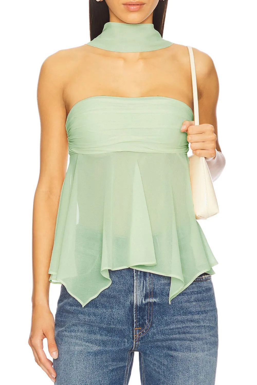 Chic Black Strapless Chiffon Peplum Top with Matching Choker Light Green Women's Tops AwRans Premium d299b7d5-27cf-4465-a1bb-39143c65381e-Max-Origin