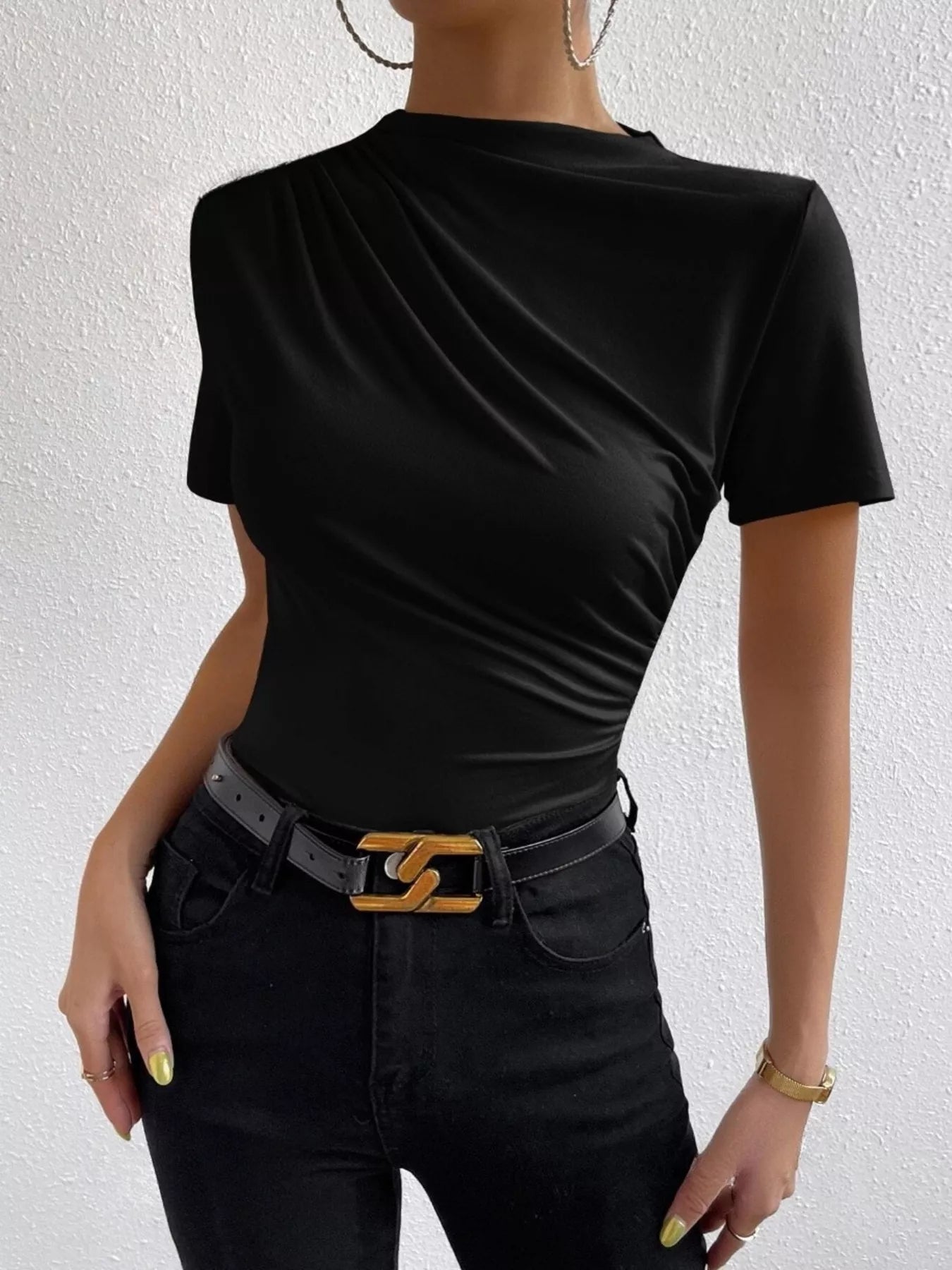 Ruched Short Sleeve T-Shirt Black T-Shirts AwRans Premium dd43b913d16d4d4780a9365c177be35e-Max-Origin