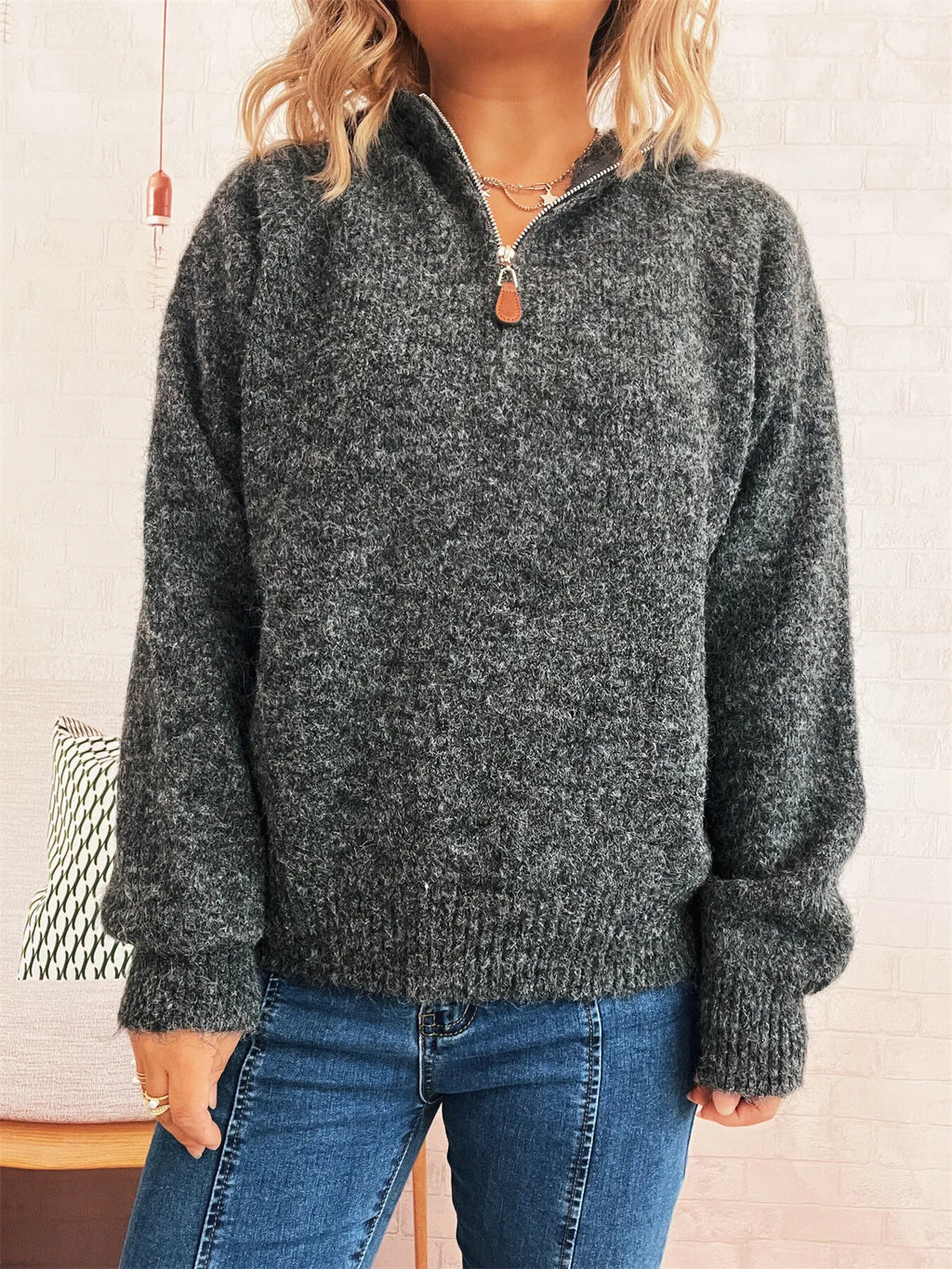 Cozy Oatmeal Soft Knit Quarter-Zip Pullover Sweater with Ring Pull Sweaters AwRans Premium de4bbf01749b4467afb4da9b36cc8599-Max-Origin