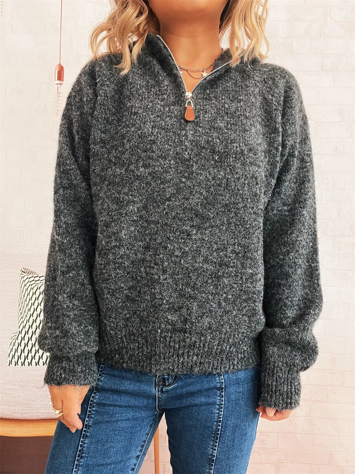 Cozy Oatmeal Soft Knit Quarter-Zip Pullover Sweater with Ring Pull Sweaters AwRans Premium de4bbf01749b4467afb4da9b36cc8599-Max-Origin