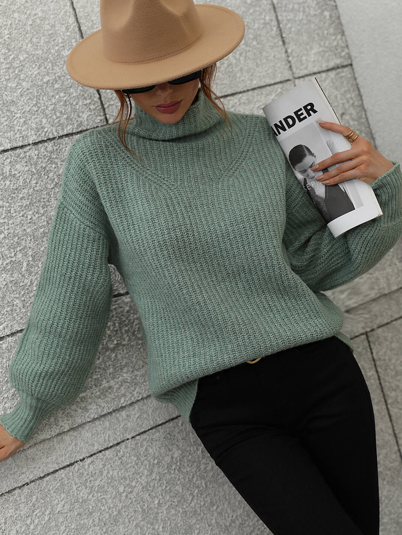 Chic High Neck Balloon Sleeve Ribbed Knit Pullover Sweater Sweaters AwRans Premium e608bbe4013a416f87c14dfa235ec084-Max