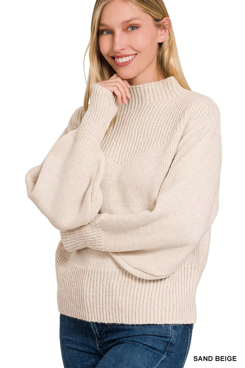 Chic Sand Beige Balloon Sleeve Mock Neck Ribbed Knit Sweater SAND BEIGE Sweaters AwRans Premium e892cc9a5d0f4e7b97af8b944433a116-Max-Origin