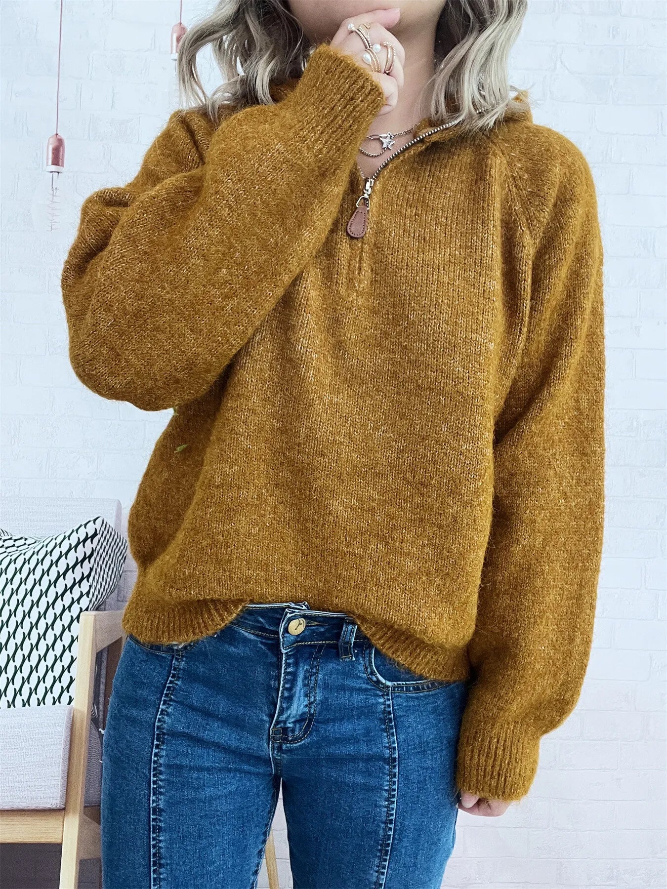 Cozy Oatmeal Soft Knit Quarter-Zip Pullover Sweater with Ring Pull Sweaters AwRans Premium e8a85a0b2d0a47edb353c35849b70c86-Max-Origin
