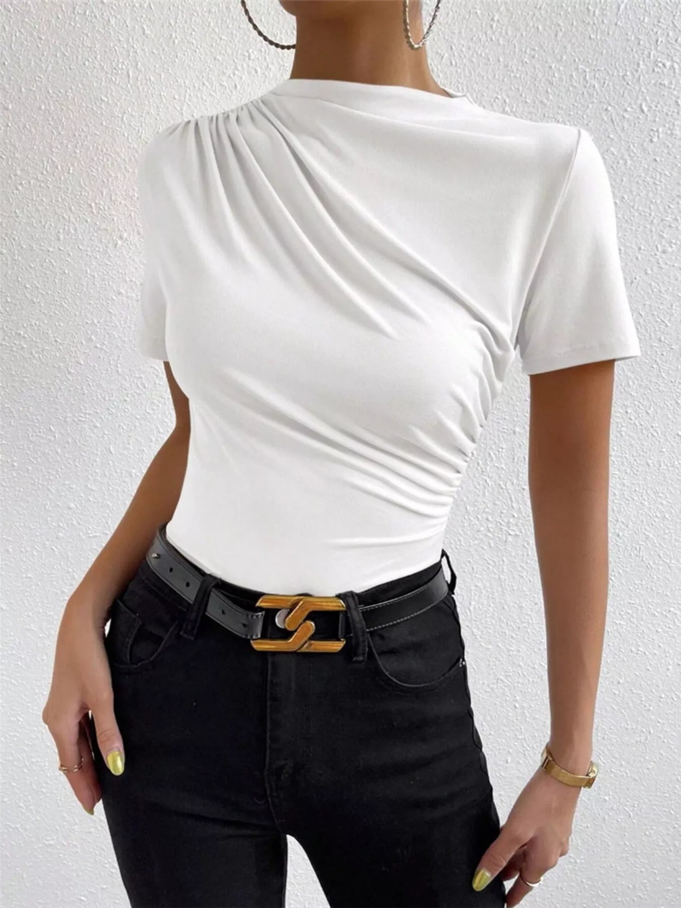 Ruched Short Sleeve T-Shirt White T-Shirts AwRans Premium e9b91e34c2f148abb6ff0512617c5f2d-Max-Origin