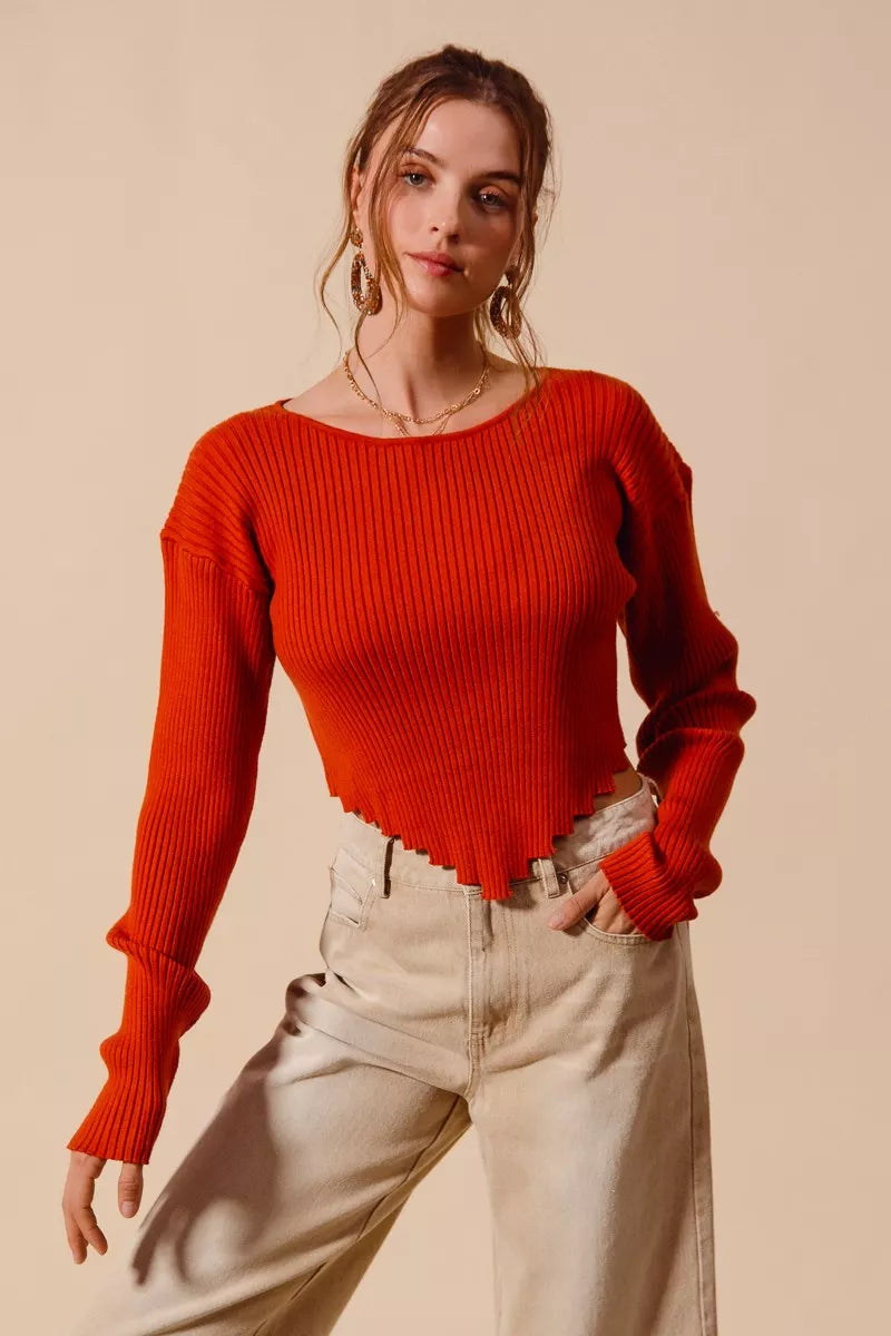 Ribbed Handkerchief Hem Knit Top in Burnt Orange RUST Sweaters AwRans Premium eb2b58c2-1389-456f-b406-3b92d3929c73-Max-Origin