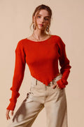 Ribbed Handkerchief Hem Knit Top in Burnt Orange RUST Sweaters AwRans Premium eb2b58c2-1389-456f-b406-3b92d3929c73-Max-Origin