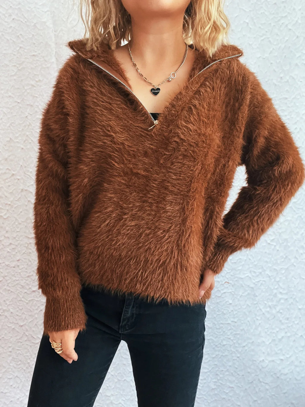 Women's Fuzzy Gray Quarter-Zip Pullover Sweater Sweaters AwRans Premium f6f289d643e0440aa7d99dcb14a7da33-Max-Origin