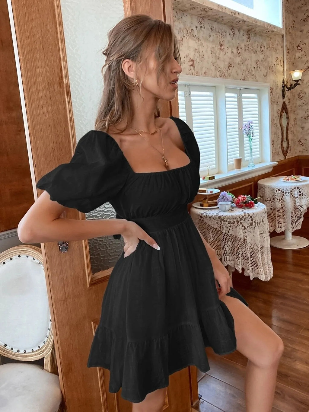 Square Neck Puff Sleeve Mini Dress AwRans Premium fbfc3105040348f988b72f1148a5c30c-Max-Origin