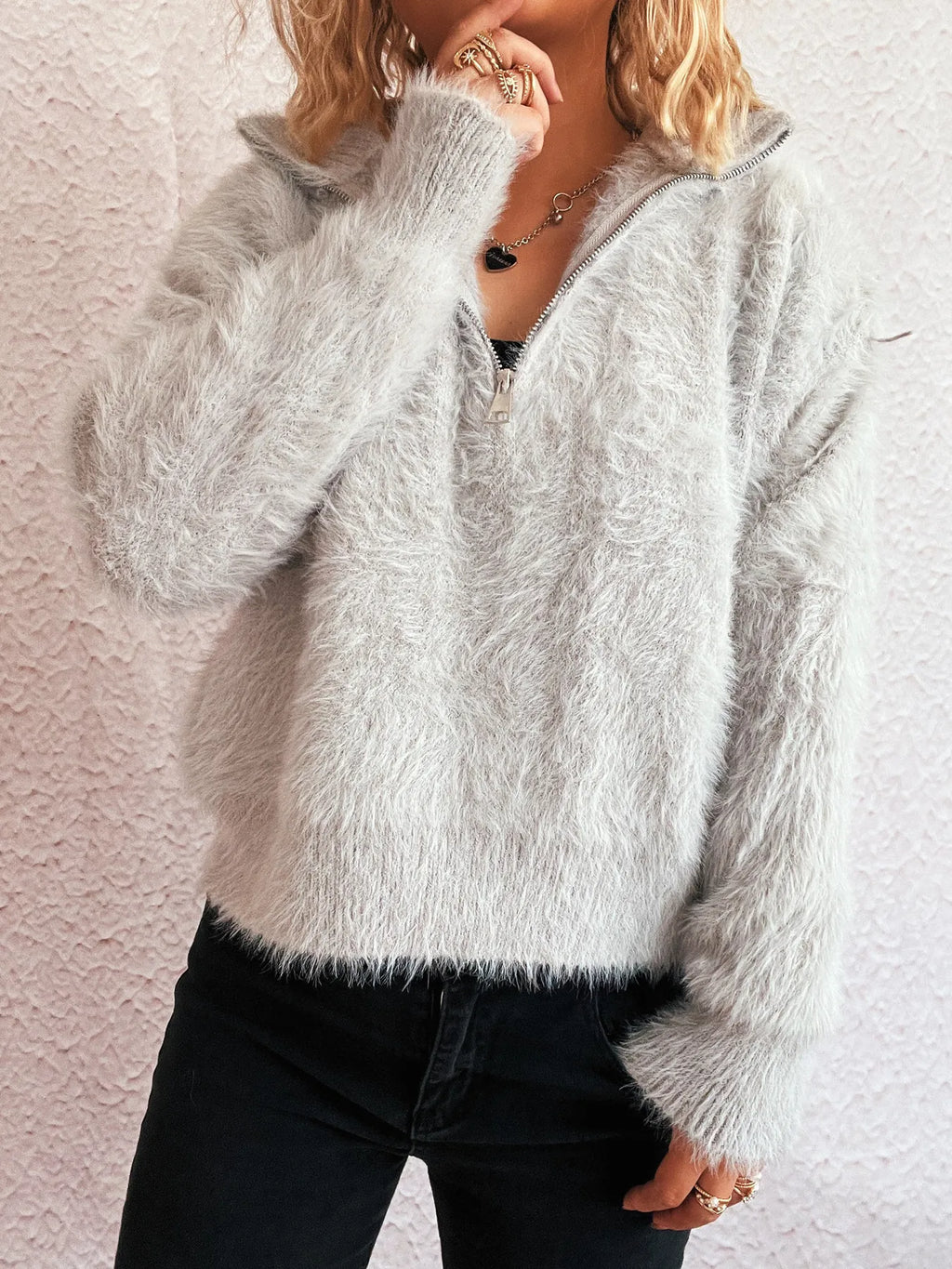 Women's Fuzzy Gray Quarter-Zip Pullover Sweater Sweaters AwRans Premium fefc5d2691694fb3bc0a2b24b30d489a-Max-Origin