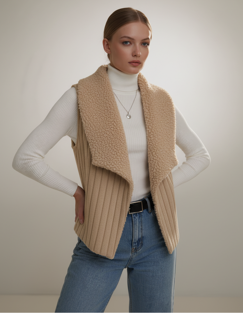 Chic Sherpa Fleece Open-Front Vest Khaki Vests AwRans Premium generated-fashion_242990d4-5ca1-440a-ac97-b273268e7ce7