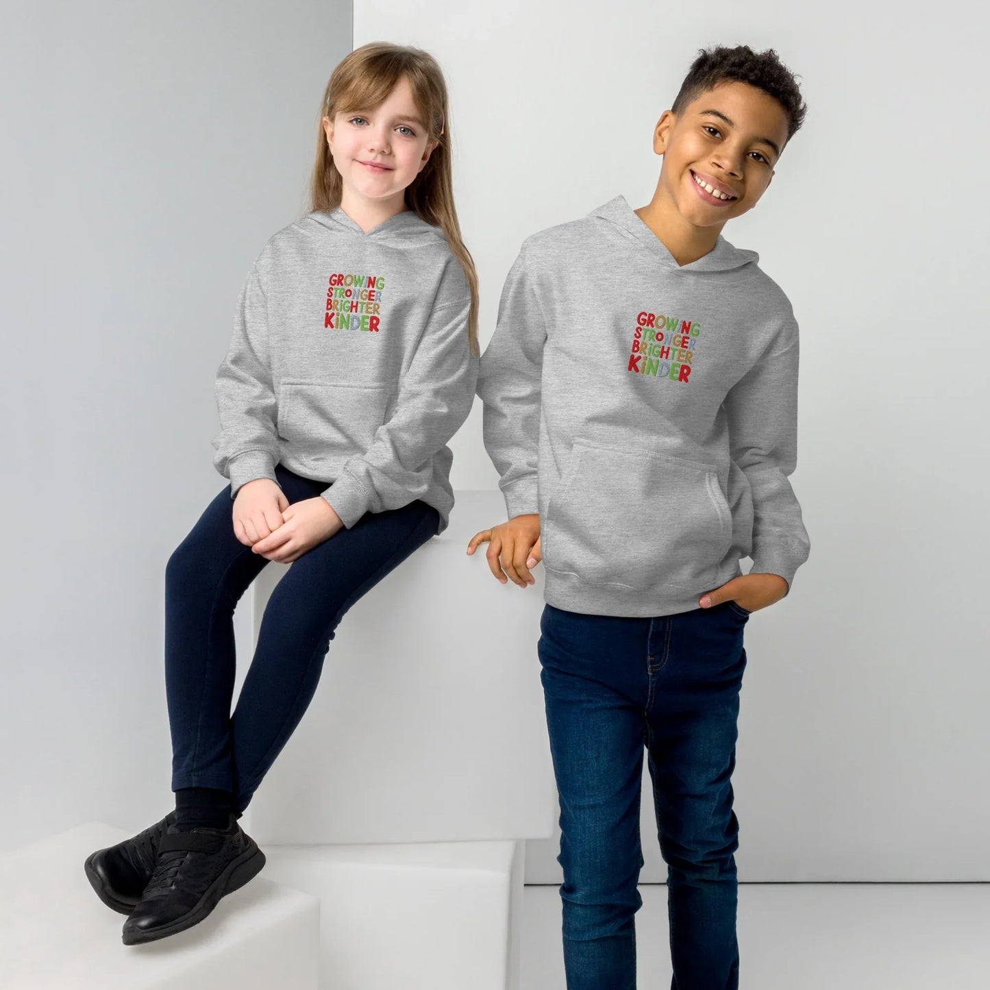 Growing Stronger Brighter Kinder | Kids Embroidered Fleece Hoodie - AwRans Clothing