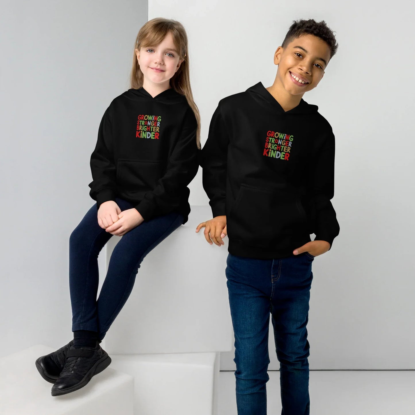 Growing Stronger Brighter Kinder | Kids Embroidered Fleece Hoodie - AwRans Clothing