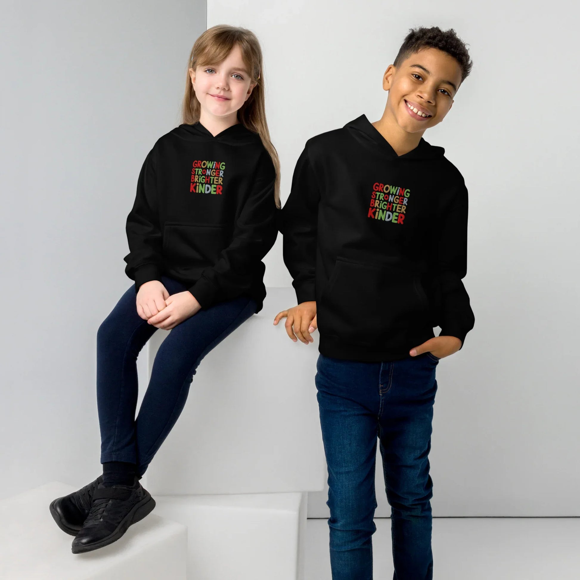Growing Stronger Brighter Kinder | Kids Embroidered Fleece Hoodie - AwRans Clothing