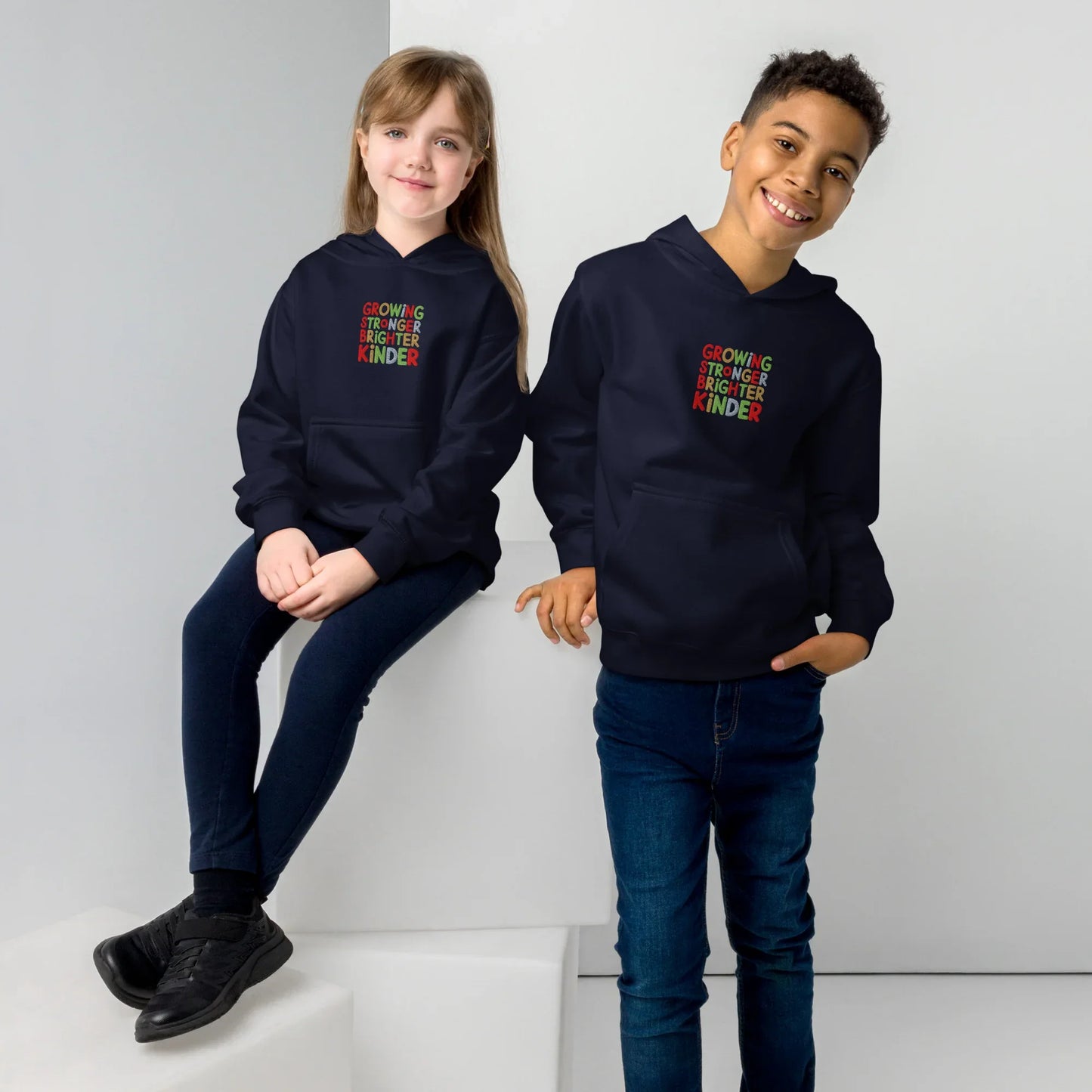 Growing Stronger Brighter Kinder | Kids Embroidered Fleece Hoodie - AwRans Clothing