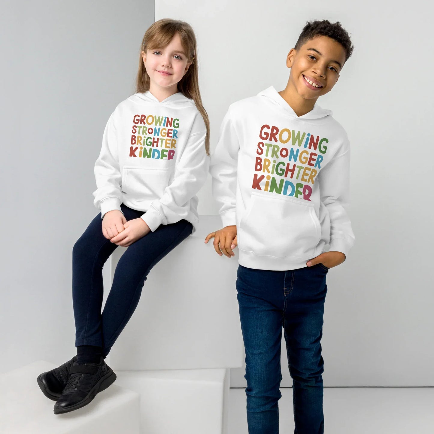 Growing Stronger Brighter Kinder | Kids Fleece Hoodie - AwRans Clothing