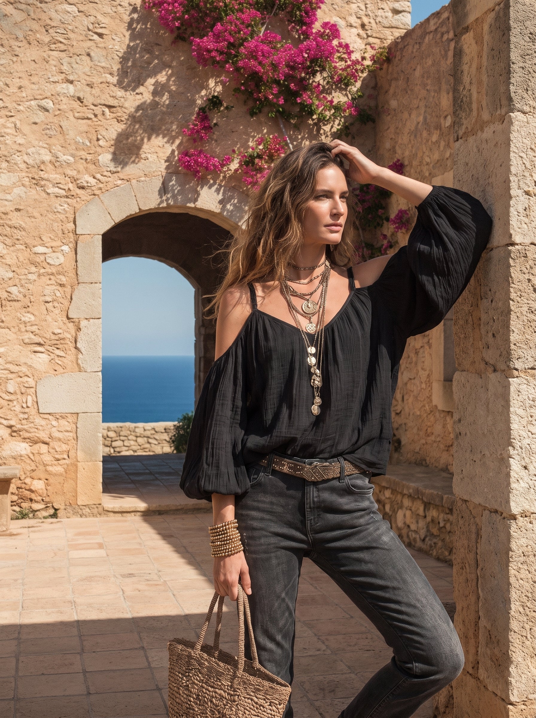 Romantic Boho Cold Shoulder Balloon Sleeve Flowy Blouse
