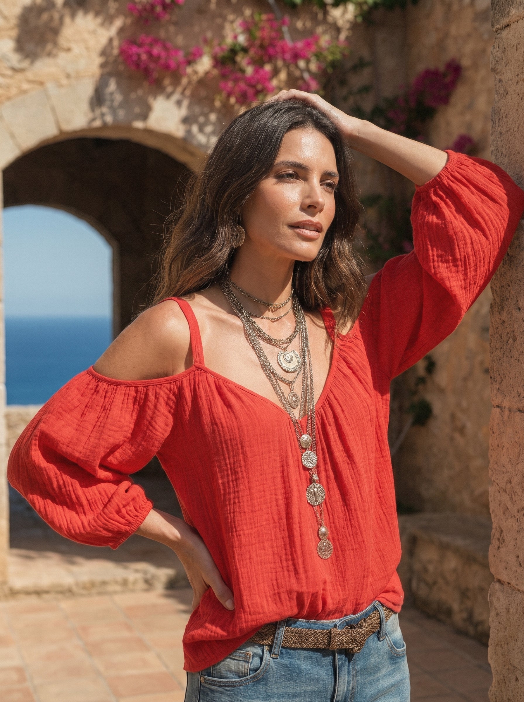 Romantic Boho Cold Shoulder Balloon Sleeve Flowy Blouse