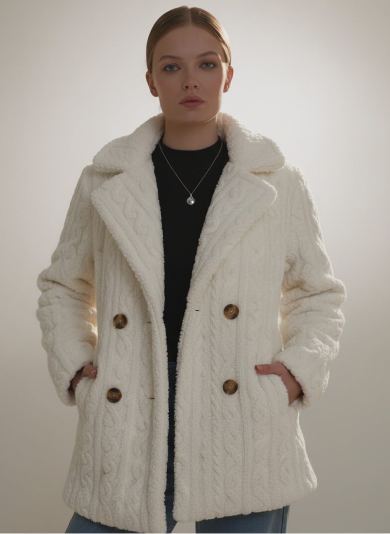 Woman wearing a white textured coat with brown buttons against a plain background