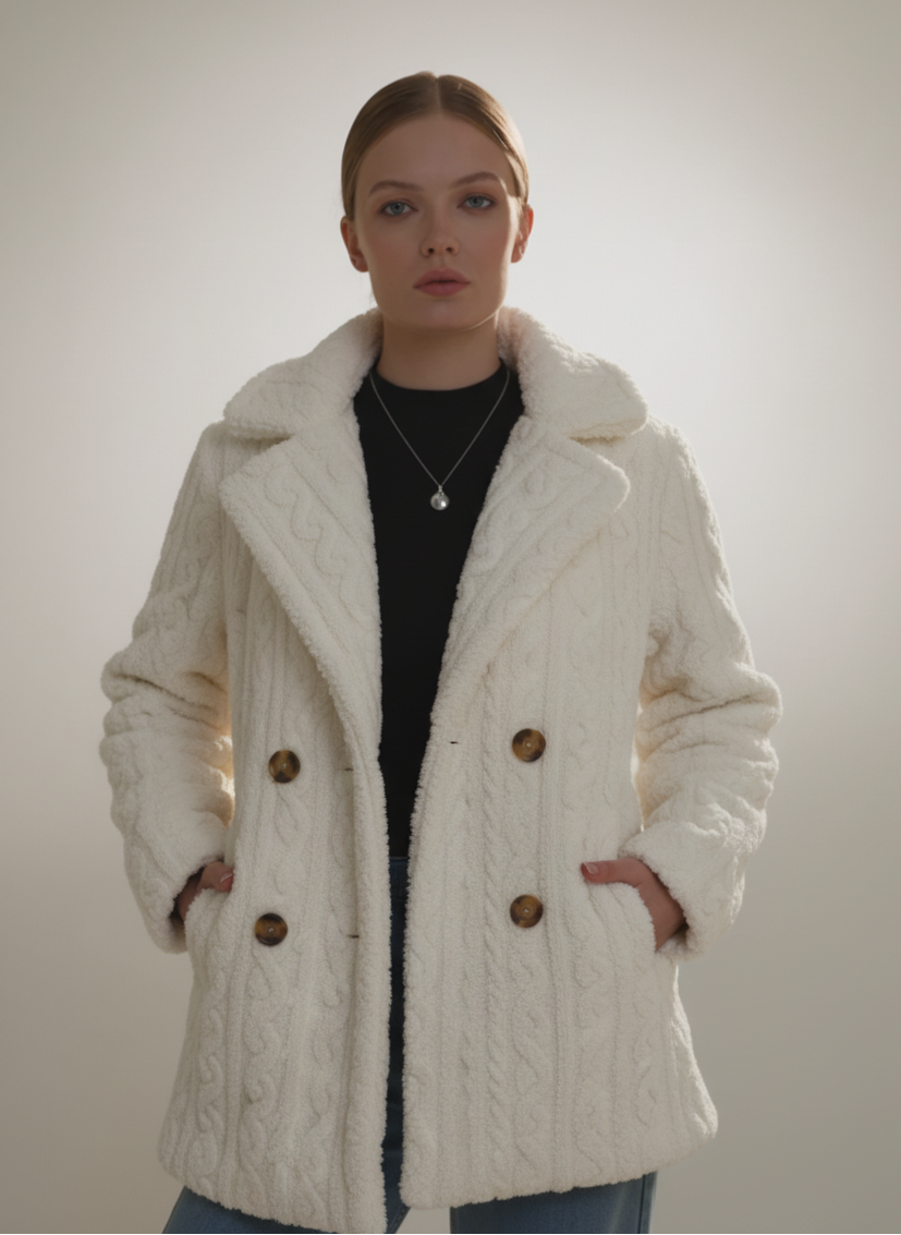 Woman wearing a white textured coat with brown buttons against a plain background