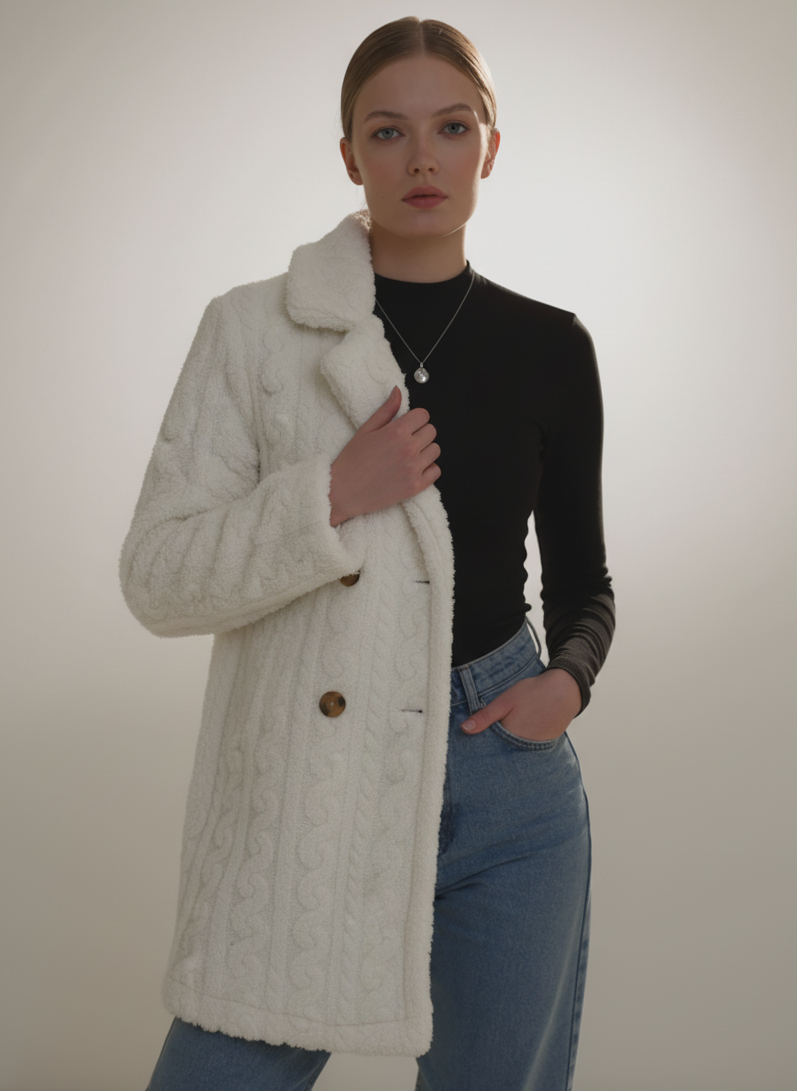 Woman wearing a white cable knit coat with a fur collar on a plain background