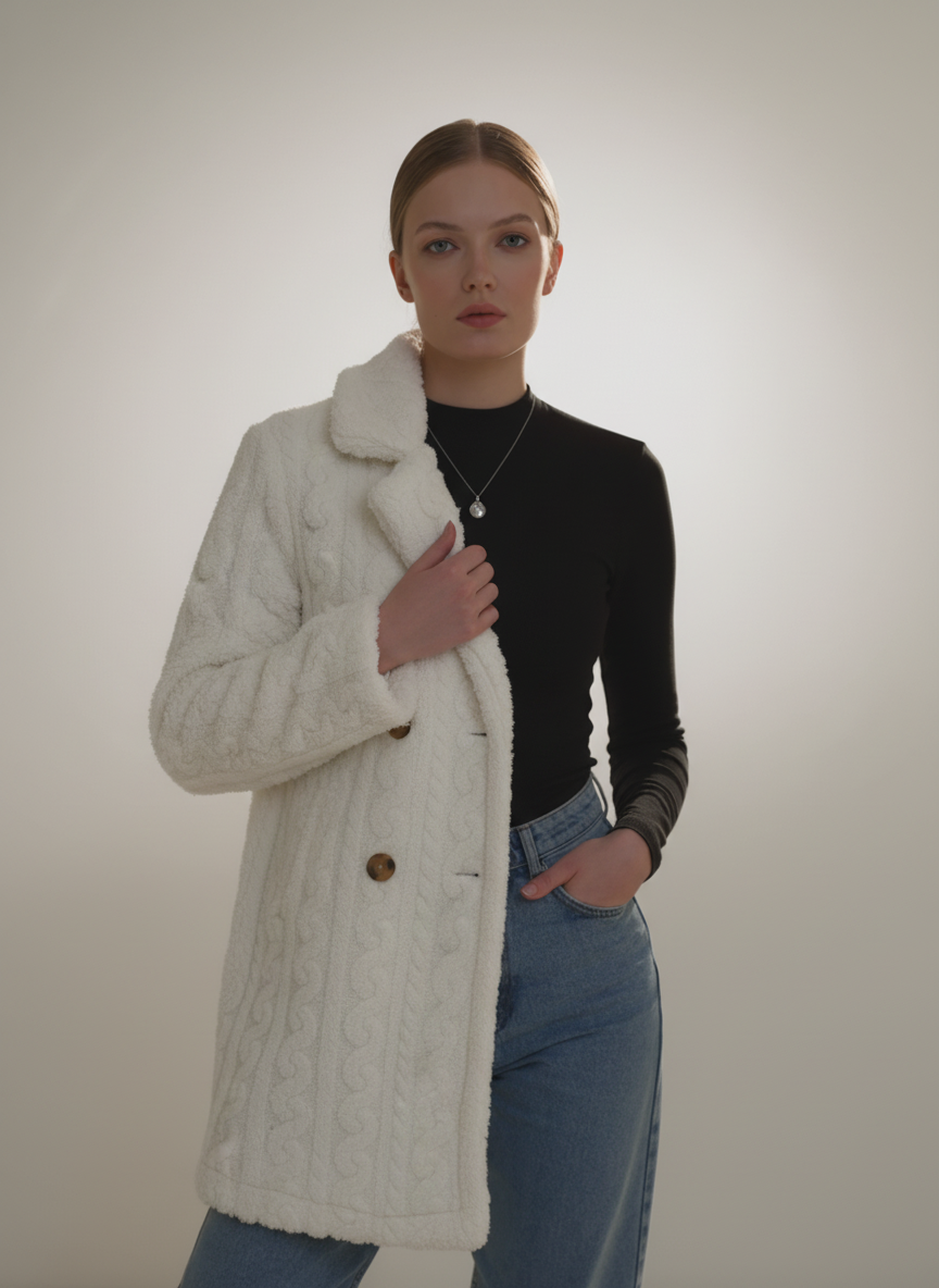 Woman wearing a white cable knit coat with a fur collar on a plain background