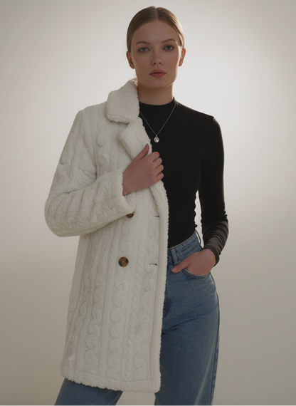 Woman wearing a white cable knit coat with a fur collar on a plain background
