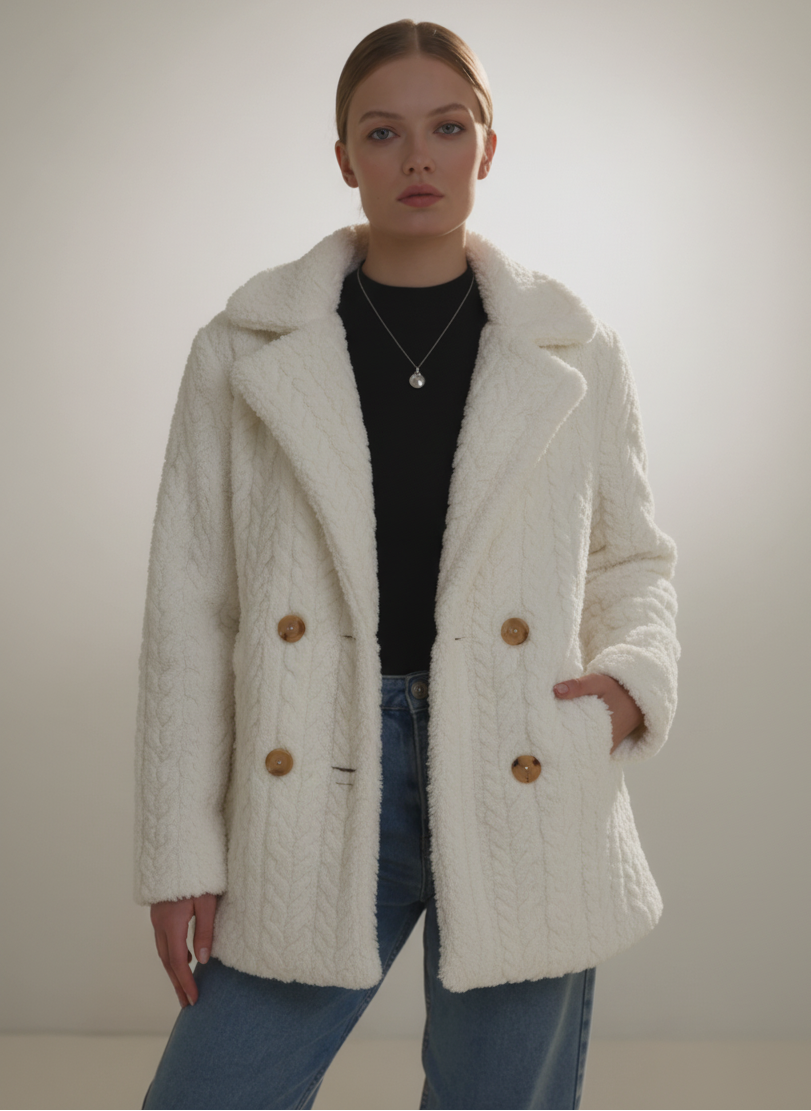 Person wearing a white textured coat with gold buttons on a plain background