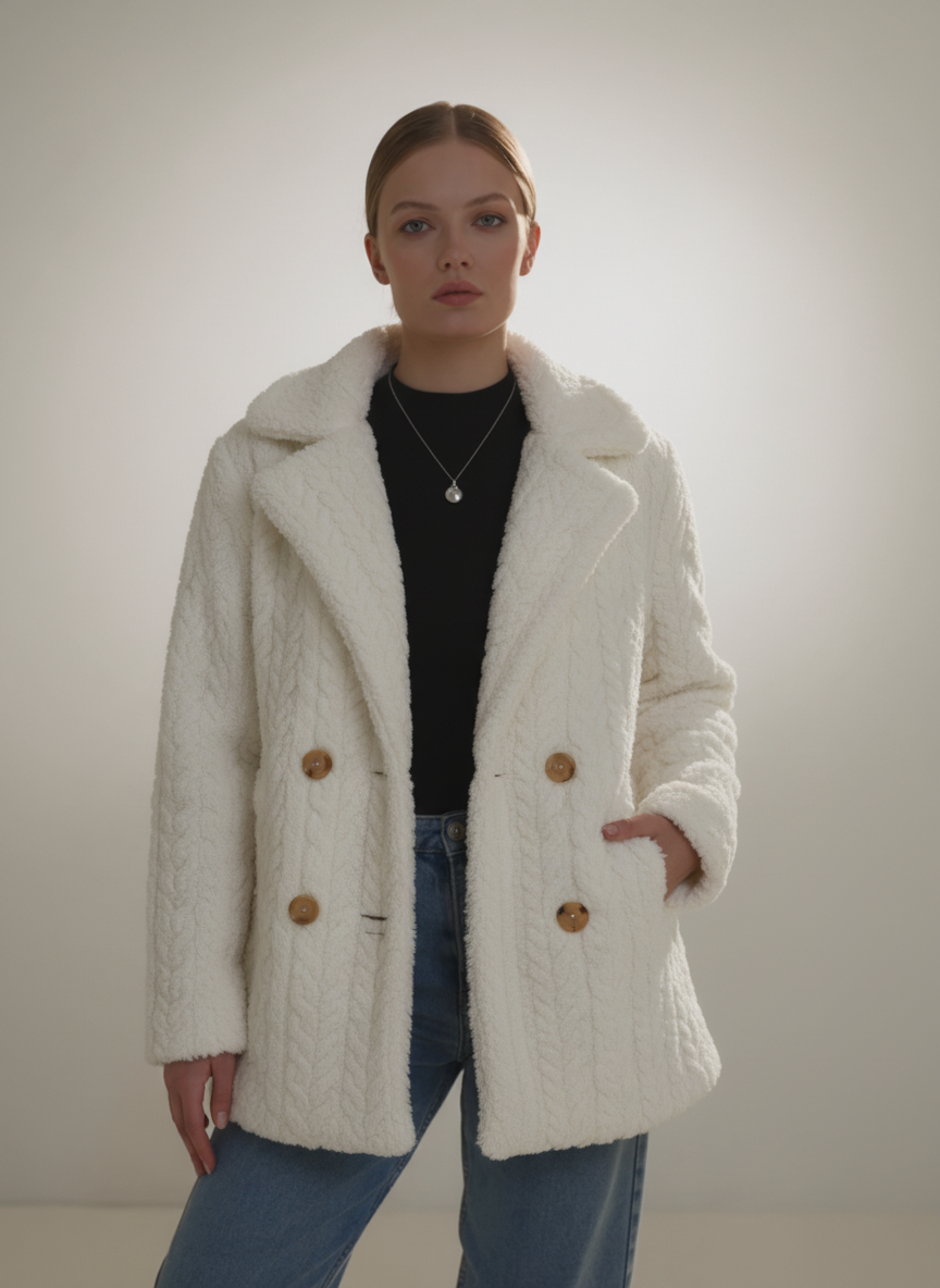 Person wearing a white textured coat with gold buttons on a plain background